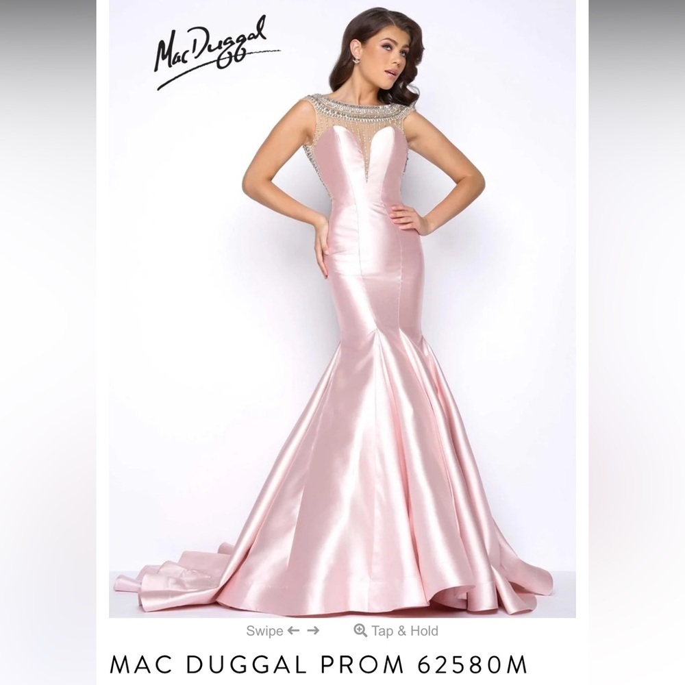 NEW Mac Duggal 62580 Prom Dress Gown Blush Pink Satin Bead High Neck Low Back 8